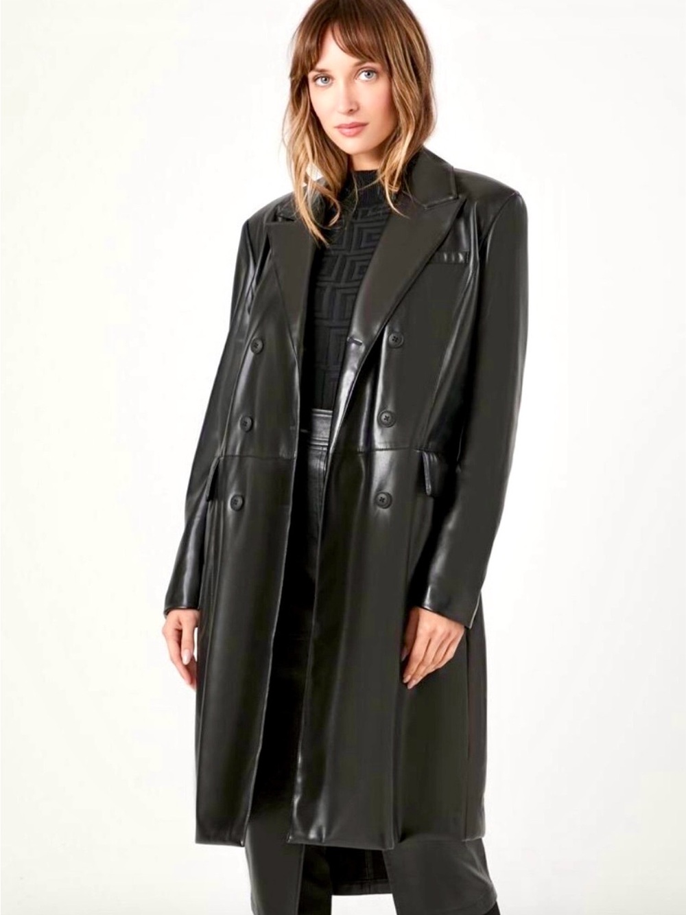 NWT Forever 21 Sz M Black Faux Leather Trench Coat Double-Breasted Padded.